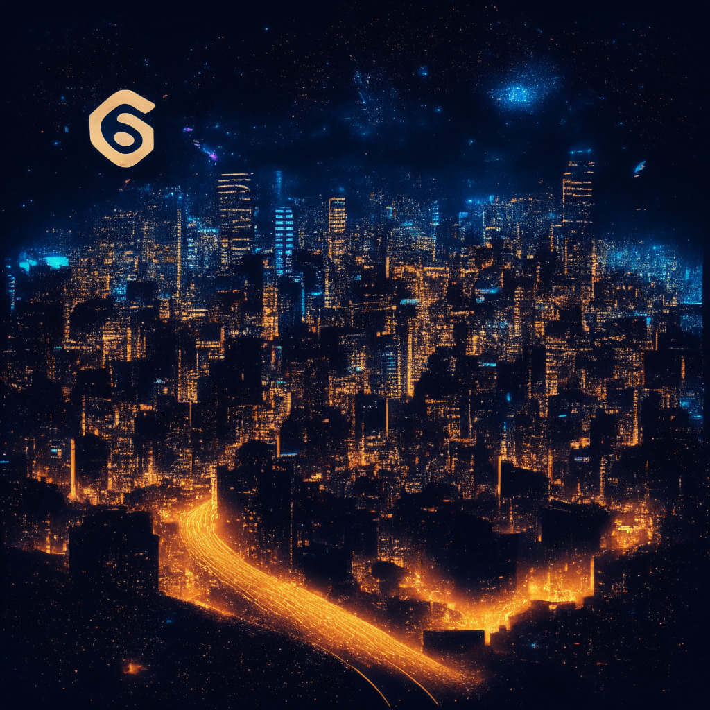 Nighttime cityscape with crypto-theme, intense chiaroscuro lighting, vivid yet menacing atmosphere, mosaic-style visuals. Foreground: SEC logo-cracking whip, shadowy influencers cowering. Midground: Trail of glowing digital breadcrumbs, highlighting deceit. Background: Transparent social media icons, looming over city, representing vigilance & caution.