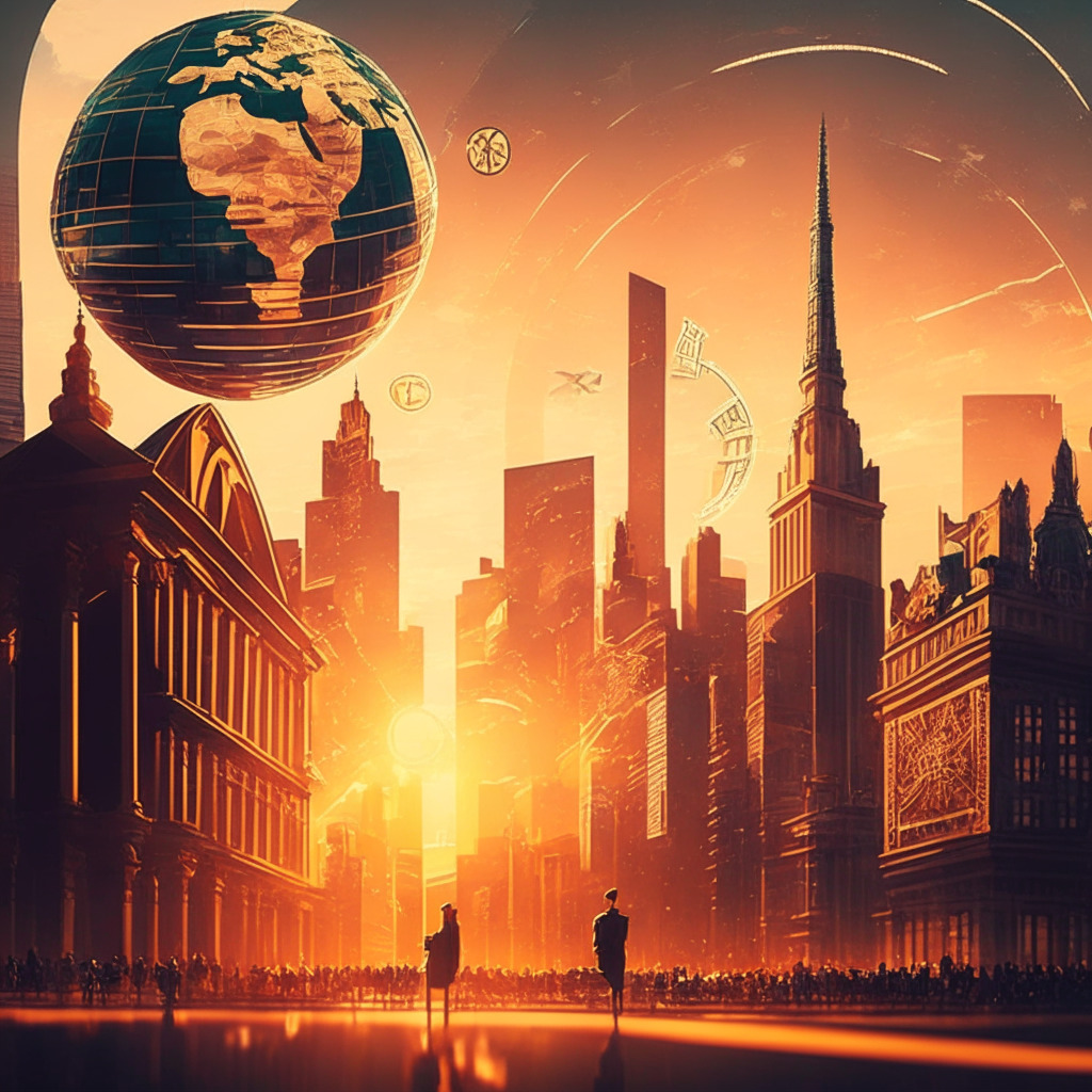 Intricate cityscape at dusk, cryptocurrency symbols hovering above, mix of classic & modern architecture, warm colors, contrasting shadows, SEC building imposing in background, air of uncertainty, investors and innovators discussing on lively streets, globe in the distance representing global competition.