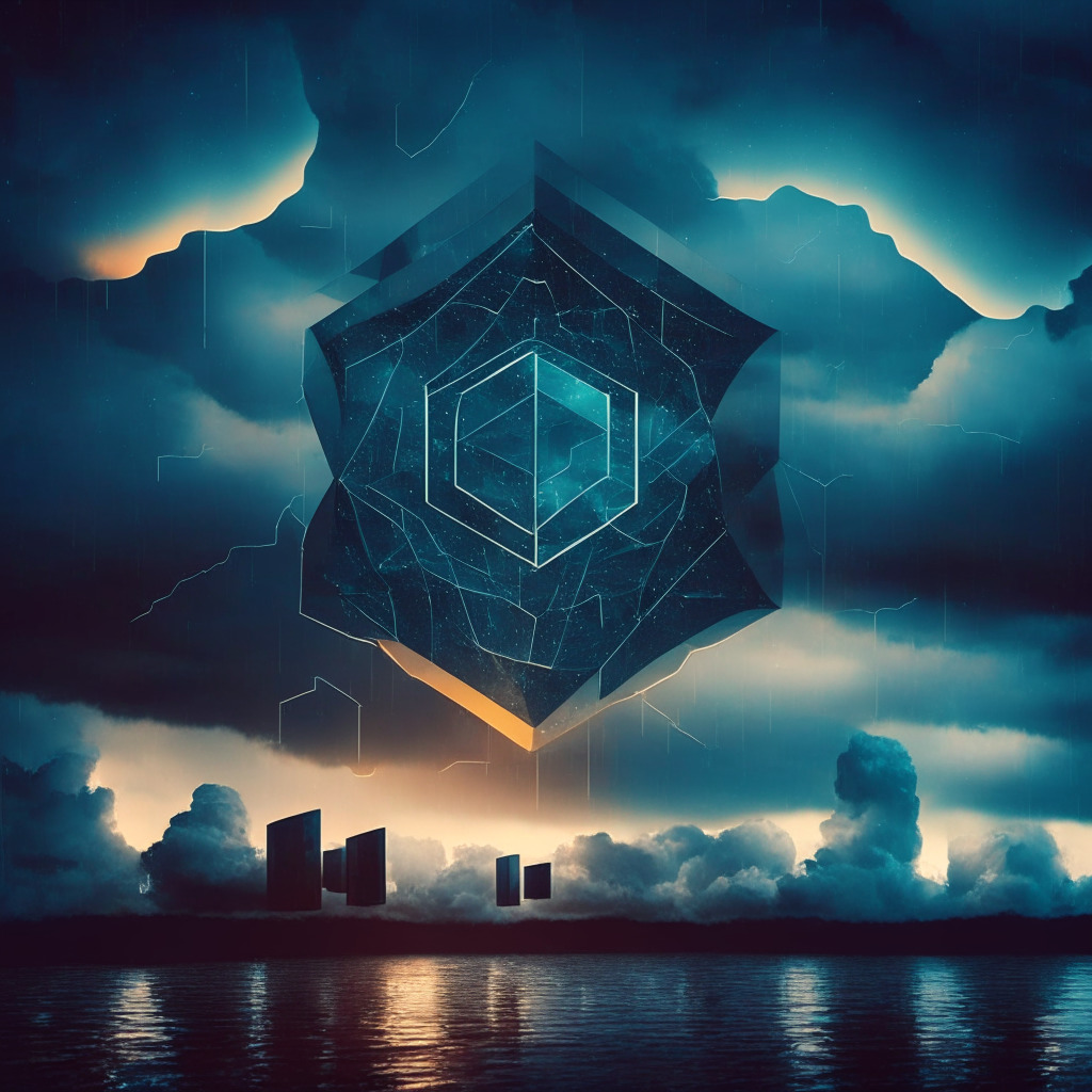 Cryptocurrency controversy, moody evening sky, digital file storage, innovative geometric shapes, tension-filled atmosphere, glowing security symbol, contrasting opinions, delicate balance between innovation and protection, glimpses of future regulatory landscape, subtle hints of financial market uncertainty.