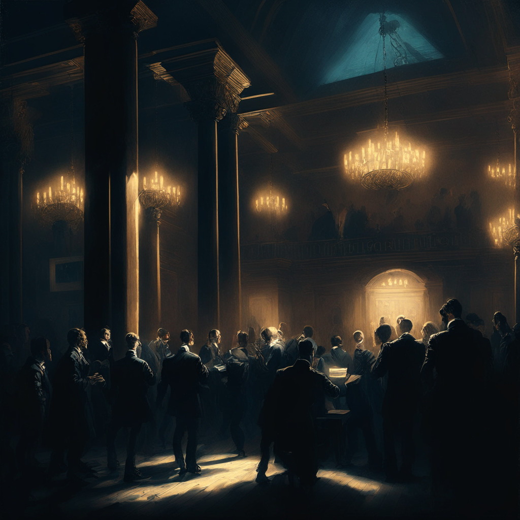 Cryptocurrency debate painting, bustling trading floor, darkly lit with beams of light, SEC and Coinbase agents in passionate discussion, Baroque style with chiaroscuro contrasts, a hint of uncertainty and anticipation in the air, tension between industry demands and regulatory caution.