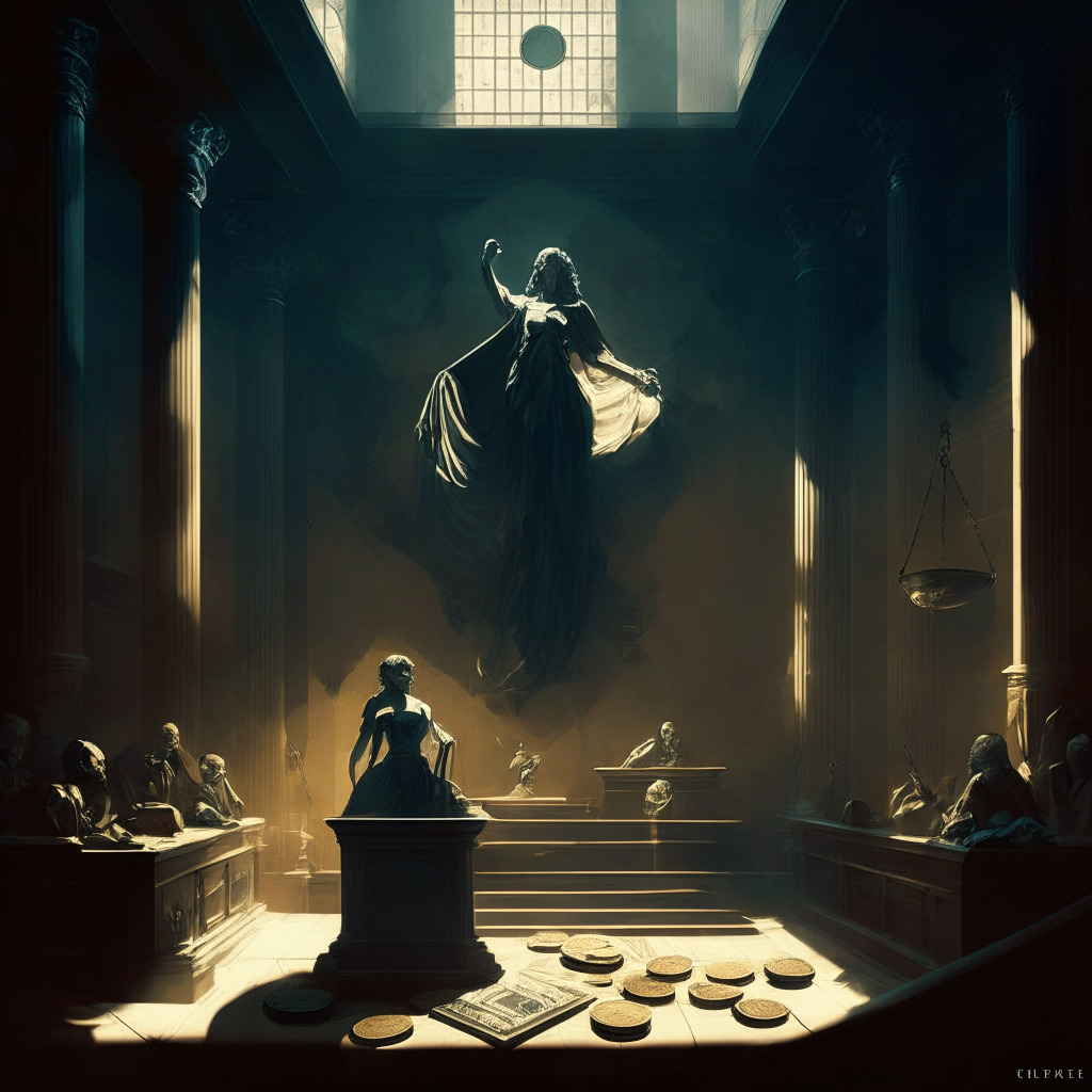 Intricate courtroom scene, allegorical Justice figure with blindfold and scale, crypto coins and TerraUSD stablecoin, intense judicial debate, ominous shadows, chiaroscuro lighting, tension and unease, muted colors and Baroque style.