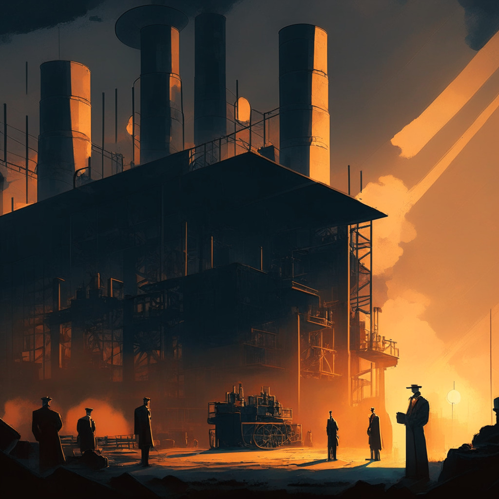 Crypto mining facility at dusk, vintage-style painting, intense shadows, sunlight highlighting the facility, moody atmosphere, complex machinery, SEC investigators in foreground wearing 1920s attire, sense of intrigue and uncertainty, financial charts overlaid in the sky.