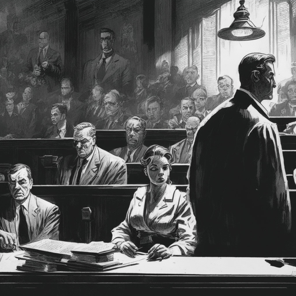 Intricate courtroom scene, gavel, SEC vs. LBRY, subtle shadows, expressive faces conveying concern, determination, frustration, dimly lit atmosphere, dramatic chiaroscuro, mood of tension and uncertainty, scales of justice subtly balancing, vintage etching style artwork, grayscale palette, thought-provoking crypto tokens hovering in the background.