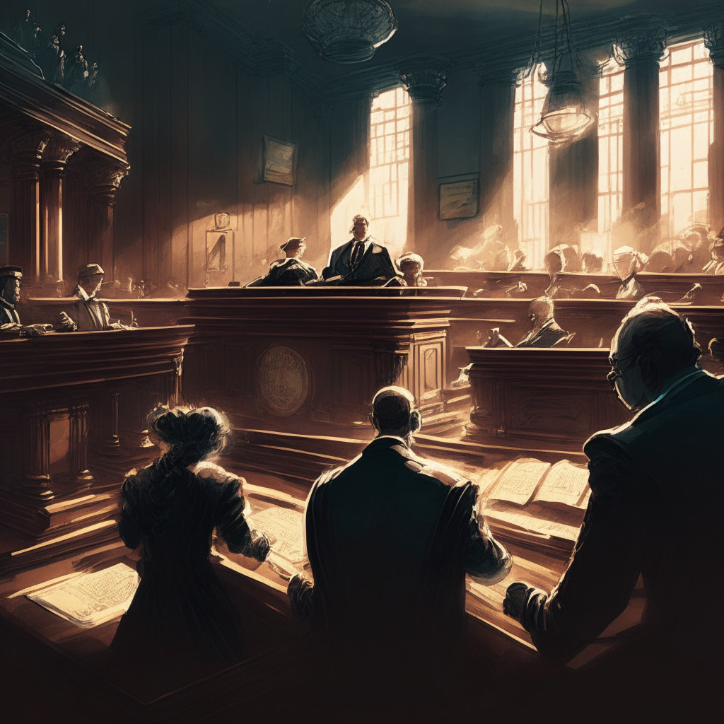 Intricate courtroom scene, judge behind bench, SEC and Ripple representatives standing, soft warm lighting, baroque-styled artwork, mix of hope and tension in the atmosphere, documents exchanging hands, crypto coins discreetly hovering, shadow of the Howey Test looms, sense of an industry's future at stake.