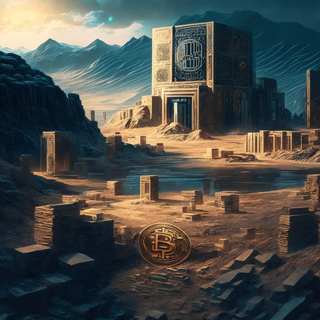 Intricate cryptocurrency mining facility, Montana landscape, artistic chiaroscuro lighting, tension between innovation & regulation, juxtaposition of traditional financial oversight & modern digital assets, overall mood of uncertainty & determination, Middle Eastern-inspired elements in the background.
