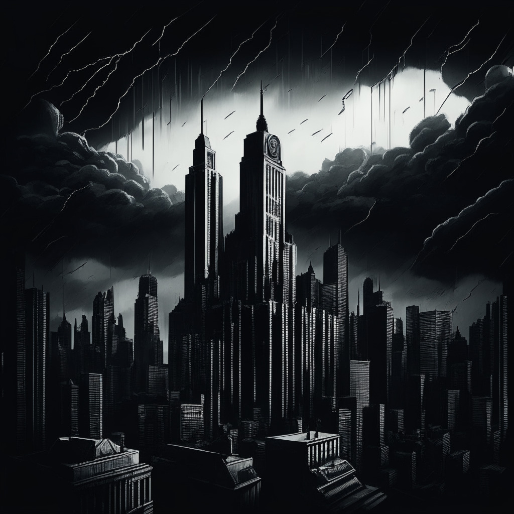Dark, Monochromatic & Intricate cityscape skyline, SEC building in the forefront, imposing, tense atmosphere, contrast between classic & futuristic architecture, stormy skyline with scattered crypto icons, shadows representing tension between regulators & crypto exchanges, cool hues symbolizing the uncharted territory.