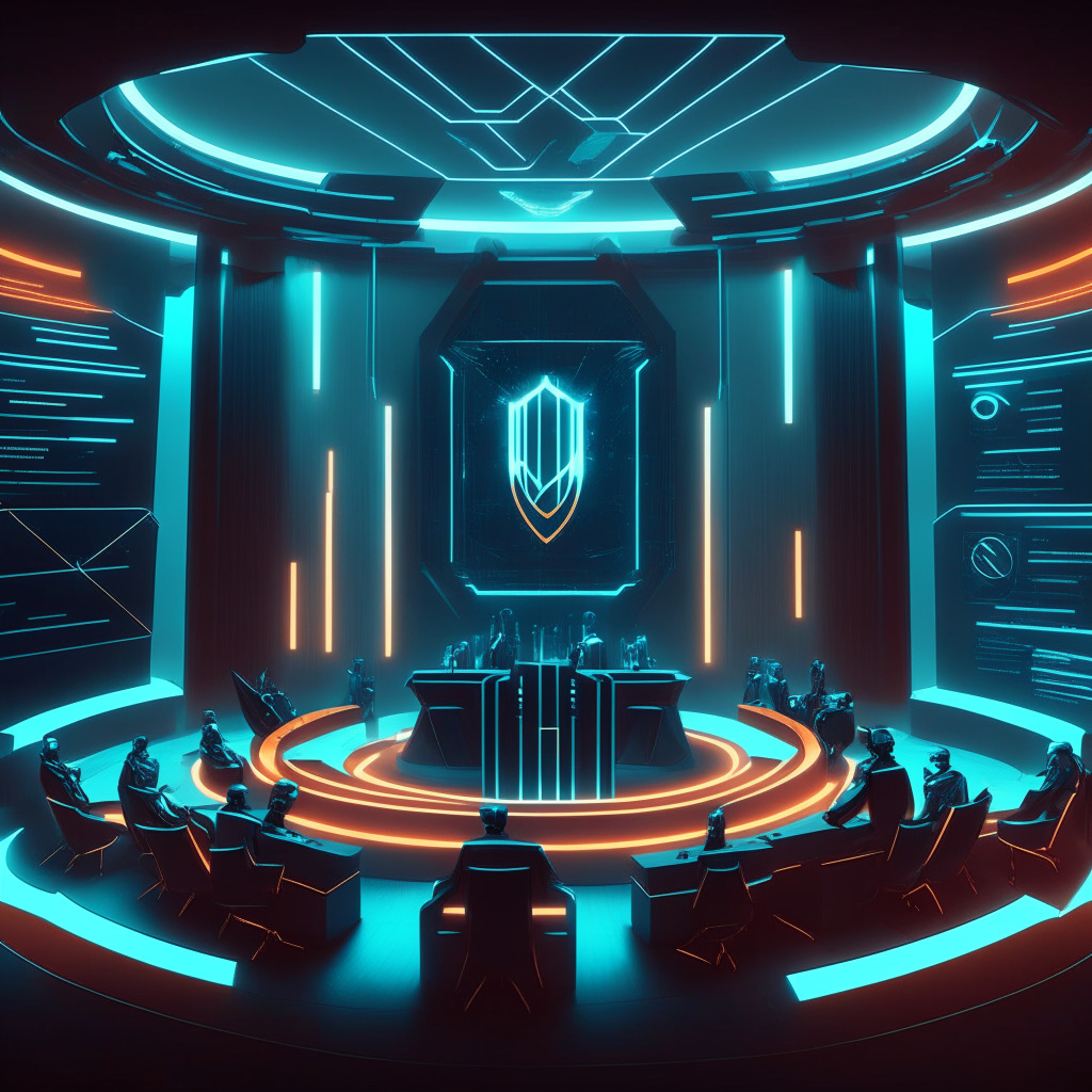 Futuristic digital courtroom, SEC & crypto enthusiasts debating, contrasting colors signifying conflict, structure symbolizing regulation, freeform shapes indicating innovation, warm & cool lighting interplay, intense expressions, chiaroscuro effect, harmonious elements hinting a possible compromise, 350-character tweet visualization.