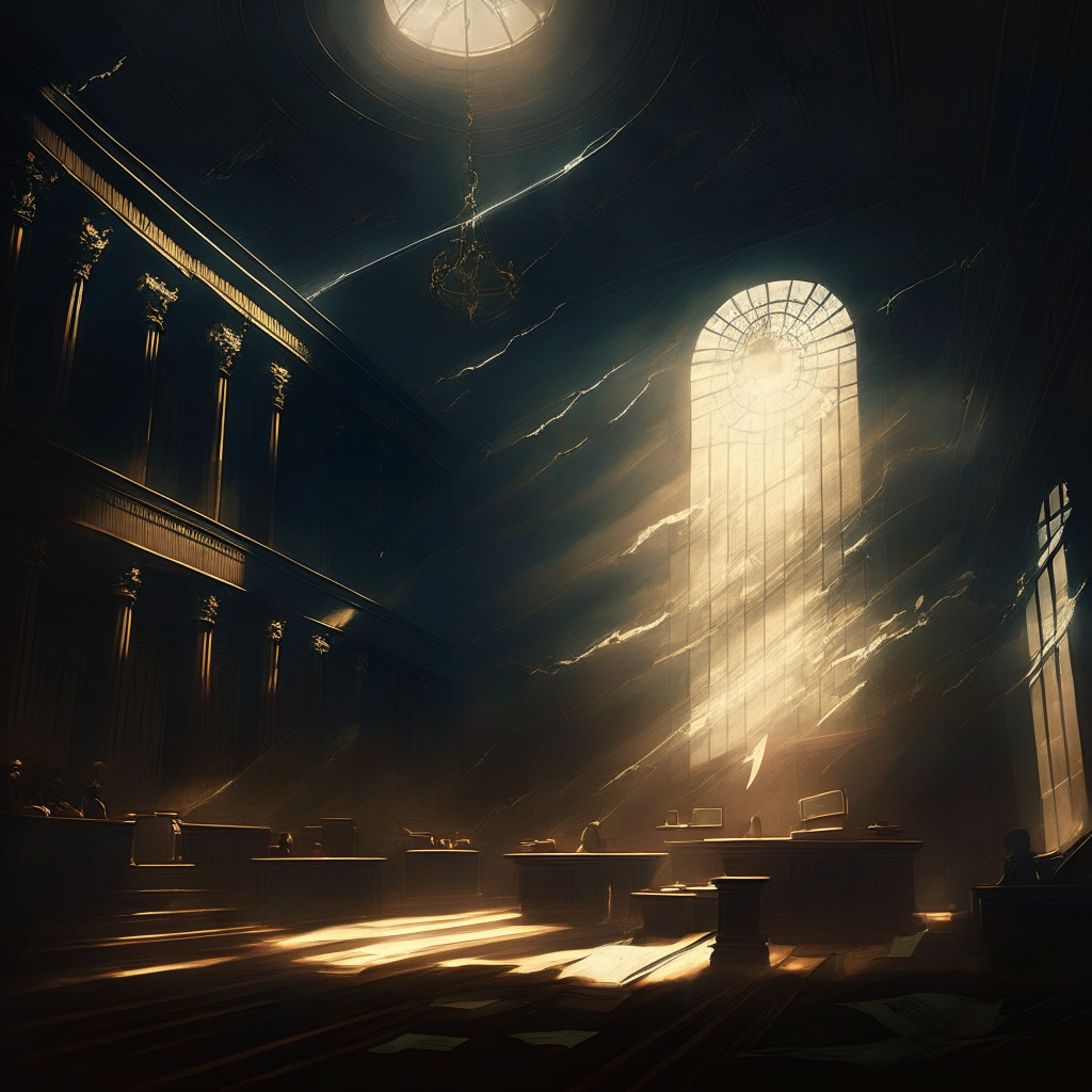 Gloomy courtroom, intense legal battle, crypto & SEC representatives, chiaroscuro lighting, tense atmosphere, dark color palette, contrasting gold scale of justice, blockchain motifs subtly incorporated, legal documents scattered, ray of hope breaking through clouds.