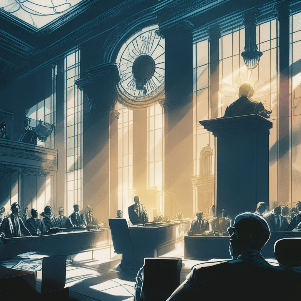 A courtroom-style scene with SEC's Gary Gensler and crypto community leaders debating, balanced scales representing regulations and innovation, sunlight filtering through windows highlighting a mixed mood of tension and hope, juxtaposition of traditional finance and futuristic digital currency elements, subtle grayscale vs. vibrant color contrast.