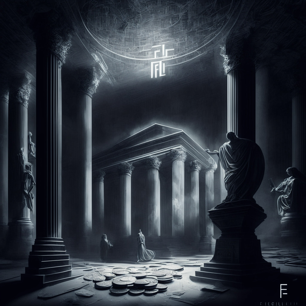 Intricate blockchain scene with Filecoin token, SEC documents, and Grayscale Trust, contrast of classical and modern art styles, moody atmosphere reflecting regulatory uncertainty, low-key chiaroscuro lighting, balance between innovation and regulation, muted color palette.