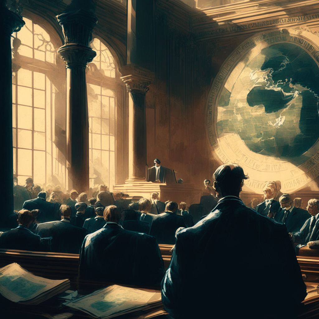 Intricate courtroom scene, Ripple and the SEC in discussion, historic speech text in the background, soft light filtering through a large window, Renaissance-style painting, a tense and uncertain mood, crypto community observing with curiosity, global map hinting at international impacts on regulations.