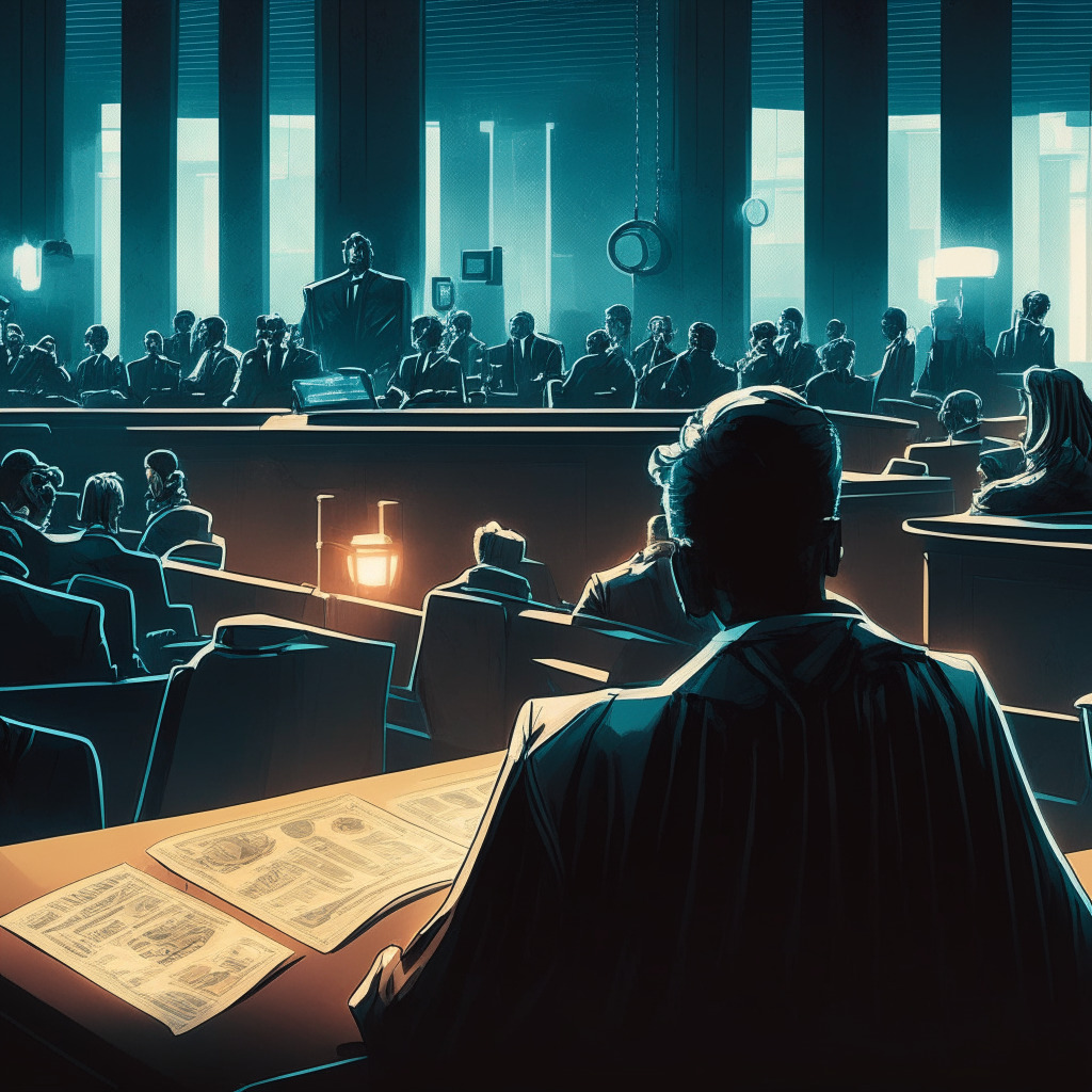 Cryptocurrency courtroom scene, Ripple Labs & SEC representatives, tense atmosphere, dimly-lit room, shadows cast on faces, a judge observing intently, balance scale symbolizing regulation debate, futuristic cityscape background hinting at innovation, mood of uncertainty, unredacted documents at the forefront.
