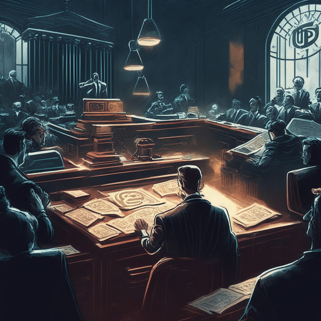 Cryptocurrency regulatory battle, SEC vs. Coinbase, dimly lit courtroom scene, tension, uncertainty, and frustration in the air, contrasting focus on law books, digital currency symbols, exchange platform, and skeptical glances exchanged. Artistic style emphasizes the struggle for clarity, innovation, and compliance in the evolving crypto landscape.