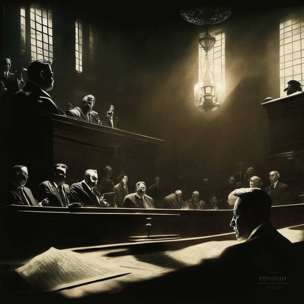 Intricate courtroom scene, scales of justice, Ripple and SEC representatives, tense atmosphere, Judge Torres striking gavel, dimly lit room, Baroque style, chiaroscuro effect, contrasting shadows, subtle tension in faces, documents with partial redactions, focused spotlight on key decision, overall mood of anticipation and complexity.