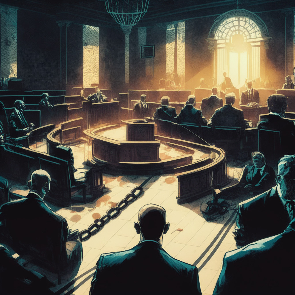 Intricate courtroom scene, crypto-themed trial, SEC officials, Gary Gensler, and LBRY members, half-shadowy figures, chiaroscuro lighting, tense atmosphere, contrasting colors, hint of frustration symbolized by broken chains, blockchain pattern on courtroom floor, backdrop of evolving crypto landscape.