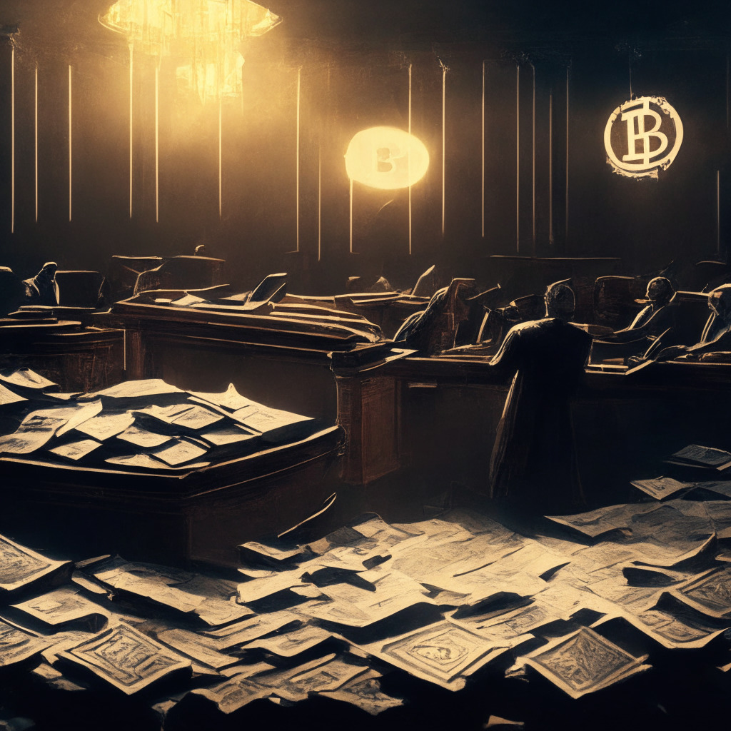 Cryptocurrency controversy in courtroom, dramatic penalty reduction, regulators and innovators conflict, hazy crypto landscape. A dimly lit vintage-style courtroom, swirling with uncertainty, emphasizes the tension in the SEC vs. LBRY lawsuit. Piles of scattered papers represent regulatory scrutiny, contrasting with a glowing bitcoin symbol, evoking a balance between protection and progress.