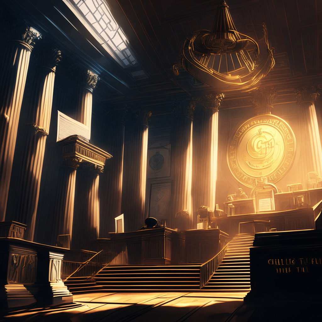 A high-stakes courtroom, SEC & crypto exchange legal conflict, golden scales of justice, cryptocurrency symbols (no logos), a wall of legal documents, a background of financial buildings, ominous clouds, chiaroscuro lighting, Baroque style, tension-filled atmosphere, contrasting shadows & light, hints at the future of crypto regulation, protecting diverse assets.