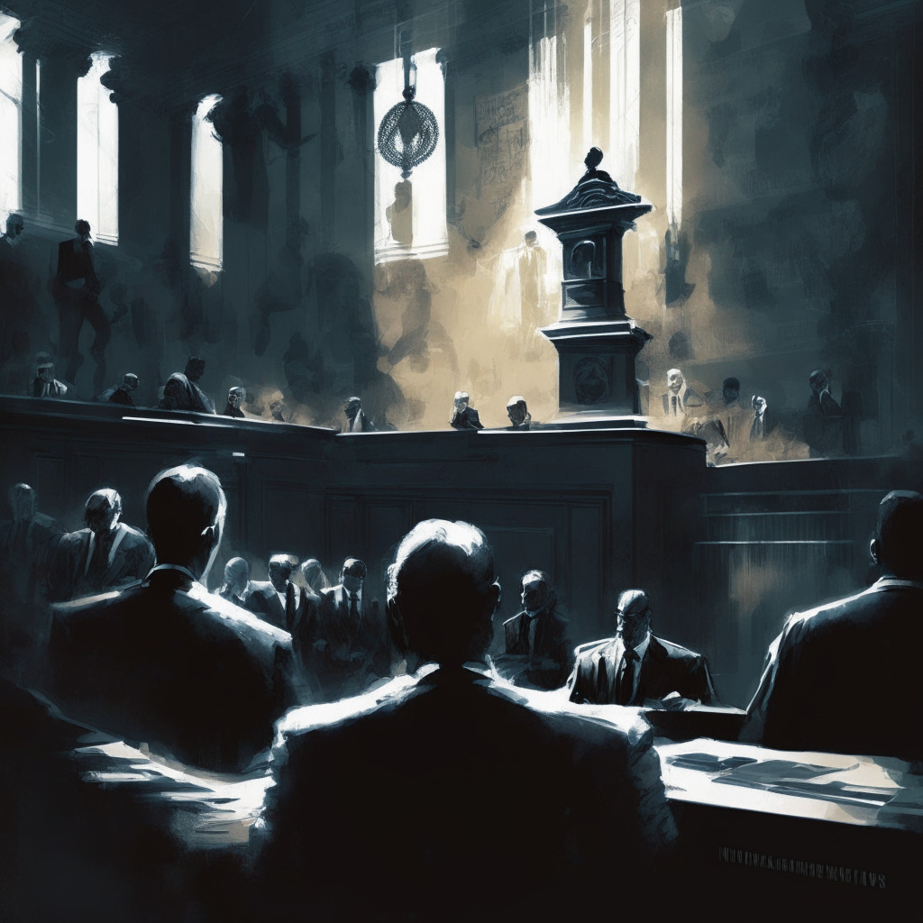 Intricate court scene, crypto symbols in background, contrasting lights and shadows, tense atmosphere, regulatory authority figure on one side, startups on the other, air of collaboration, shades of gray, intense expressions, scales of justice in balance, bold brushstrokes, mood of change and adaptation, hint of future growth.