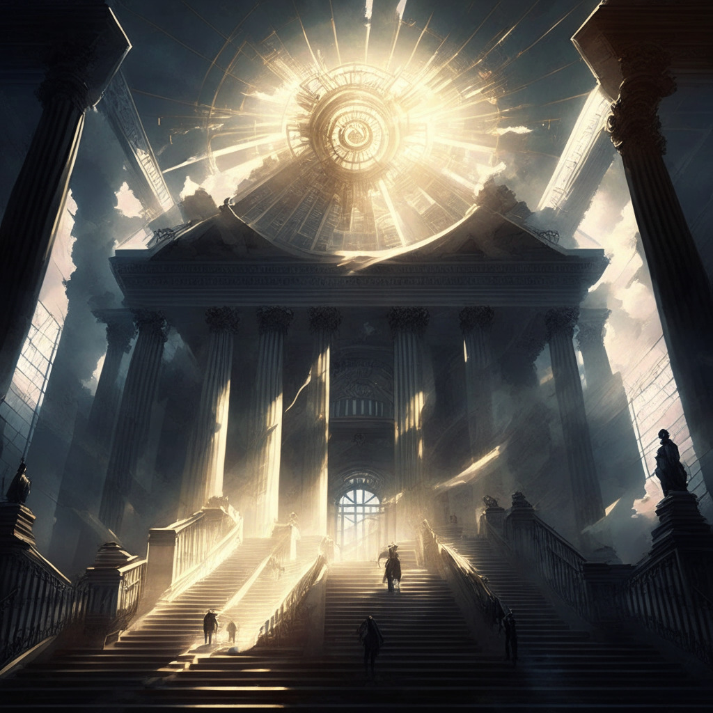 Intricate government building entangled by crypto symbols, balance scale depicting innovation and regulation, contrasting chiaroscuro lighting, tense ambiance, Impressionist style, courthouse steps filled with opposing figures, unifying rays of light breaking through the clouds, uncertain future.