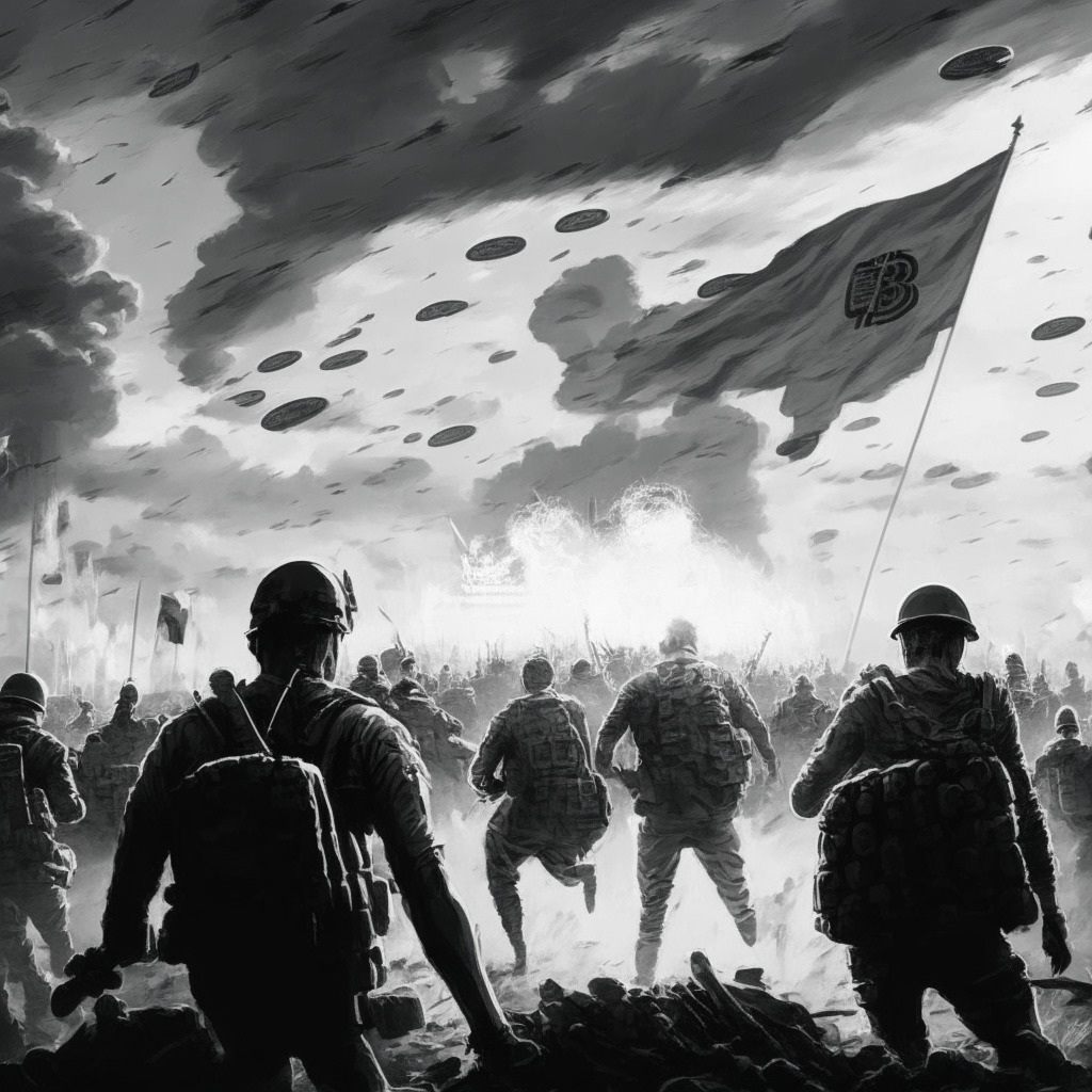 Cryptocurrency battlefield scene, tension in air, SEC army clashing with crypto defenders, Ripple banner in background, Howey test getting twisted, dull sunset lighting, grayscale clouds overhead, concerned expressions on observer faces, air of innovation suppression, mood of defiance and vigilance with a touch of uneasiness.