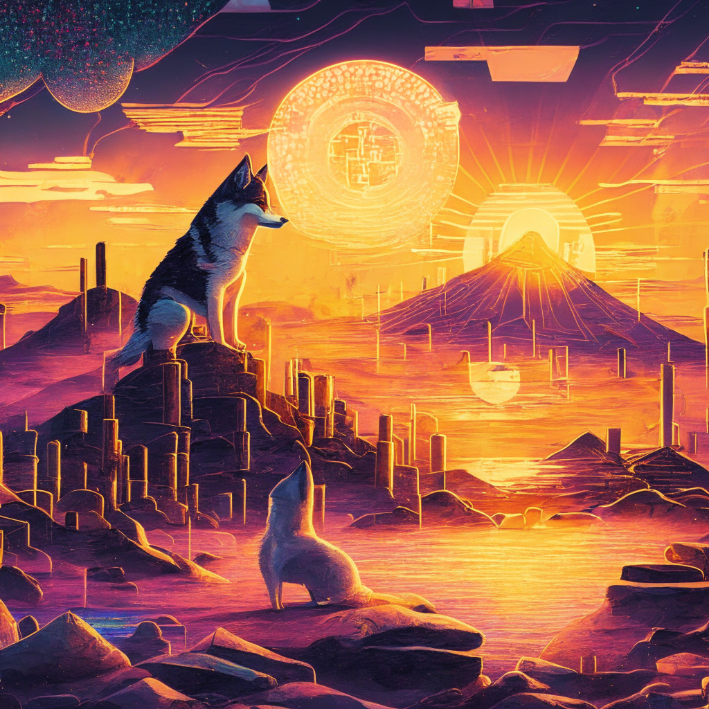 Mystical crypto landscape, Shiba Inu & Ethereum tokens, fluctuating burn rates, gas fees levitating, hint at market resilience, glowing sunset colors, intricate weaving of light and shadow, hints of uncertainty mixed with hope, abstract elements representing changing market conditions, Surrealist-inspired style, somber yet resilient mood.