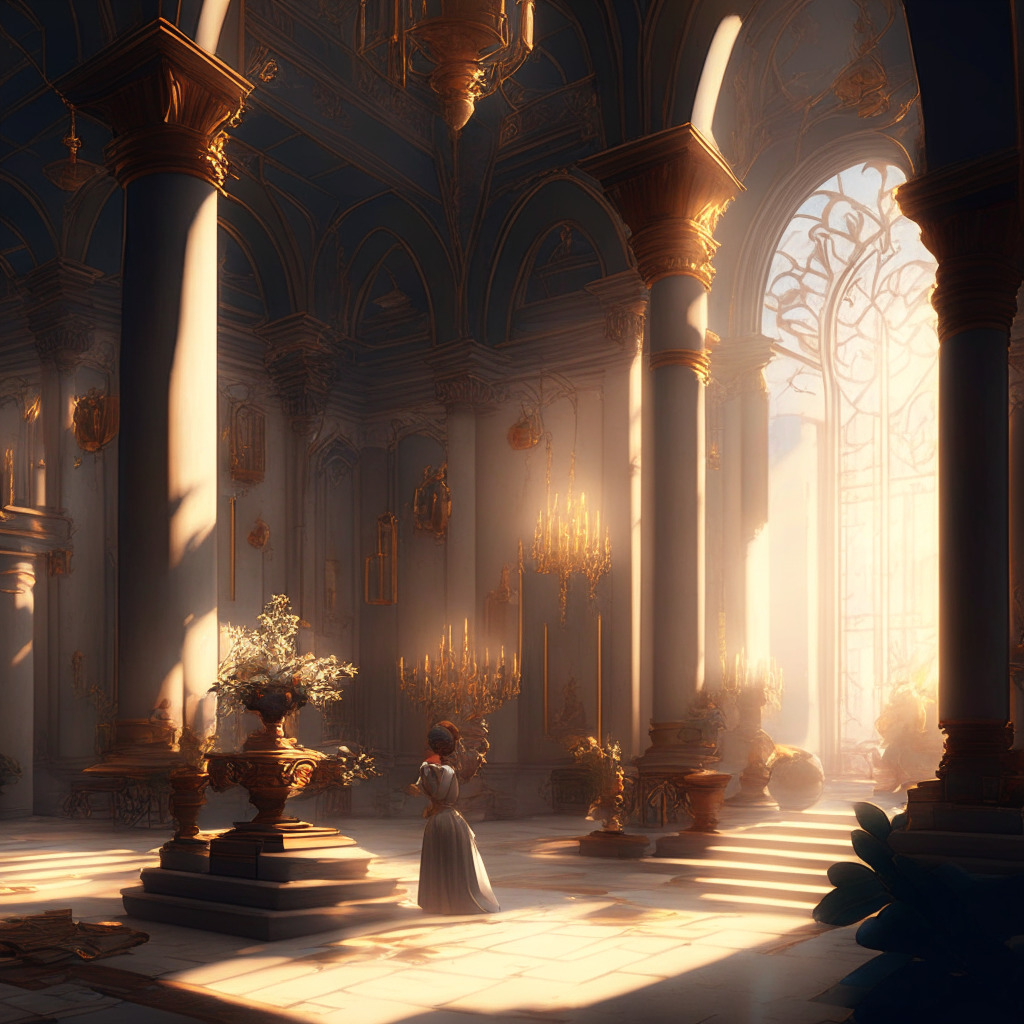 Renaissance-inspired scene, Shibarium & Metaverse as key elements, warm and soft light setting, Baroque ambiance, confident and hopeful mood. Scene depicts a flourishing virtual world with diverse characters and structures, hints of Layer 2 network technology, and a subtle nod to SHIB token regaining strength.