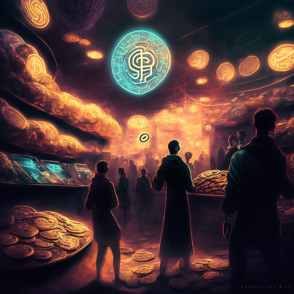 Futuristic, decentralized marketplace scene, Cardano founder intrigued by meme coin, contrasting moods of excitement and caution, dynamic lighting to represent rapid growth, impressionistic style, symbolic representation of SNEK's price surge, subtle undertones of market volatility.