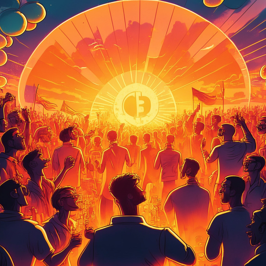 Sunset-lit crypto market, meme coin triumphantly glowing, diverse team of professionals collaborate in the background, various global exchanges support, subtle homage to a recognizable cartoon, price appreciation upward trend, joyful community celebrating growth, balanced with mild skepticism.