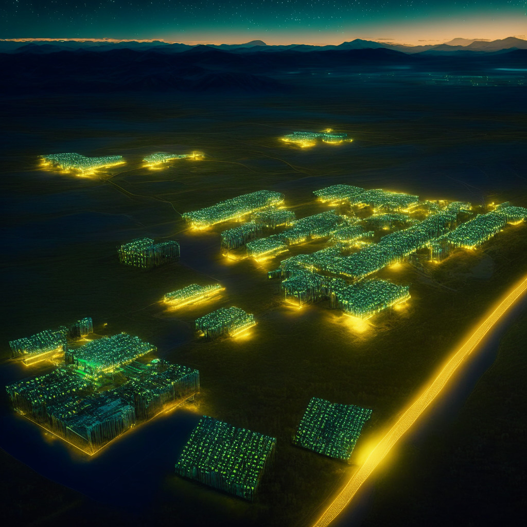 Aerial view of futuristic Bitcoin mining data centers in Wyoming, intricate network of miners, glowing LED lights, dusk setting, enhanced contrast, hopeful and energized atmosphere, Phil Harvey overseeing operations, hints of green tech and sustainability, seamless blend of nature and technology, clients like Foundry & Marathon Digital in the background.