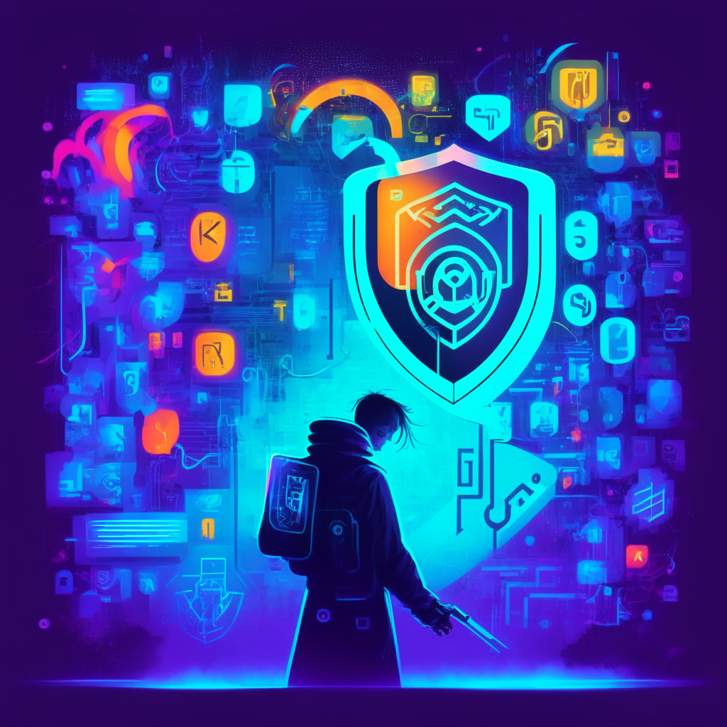 Cybersecurity-themed artwork, futuristic colors, a person entering a strong password with symbols, numbers, mix of case letters, and 2FA authentication, cautious user avoiding phishing email, glowing VPN icon, user updating software, antivirus shield protection, mysterious, secure, and vigilant atmosphere.