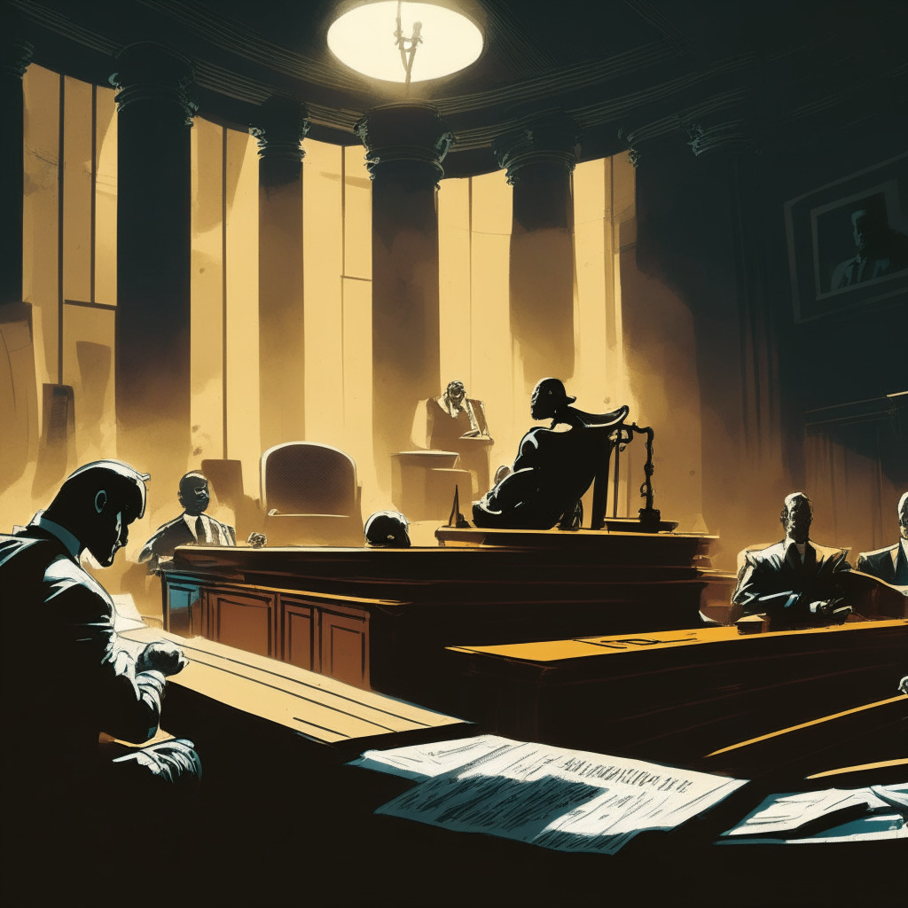 Gavel on a courtroom desk, intense courtroom scene, high contrast lighting, shadows cast by lawyers arguing, static electric atmosphere, Sam Bankman-Fried listening intently, crypto coins subtly hovering in the background, a balance scale tipping between freedom & regulation, mood of tension & struggle, chiaroscuro art style.