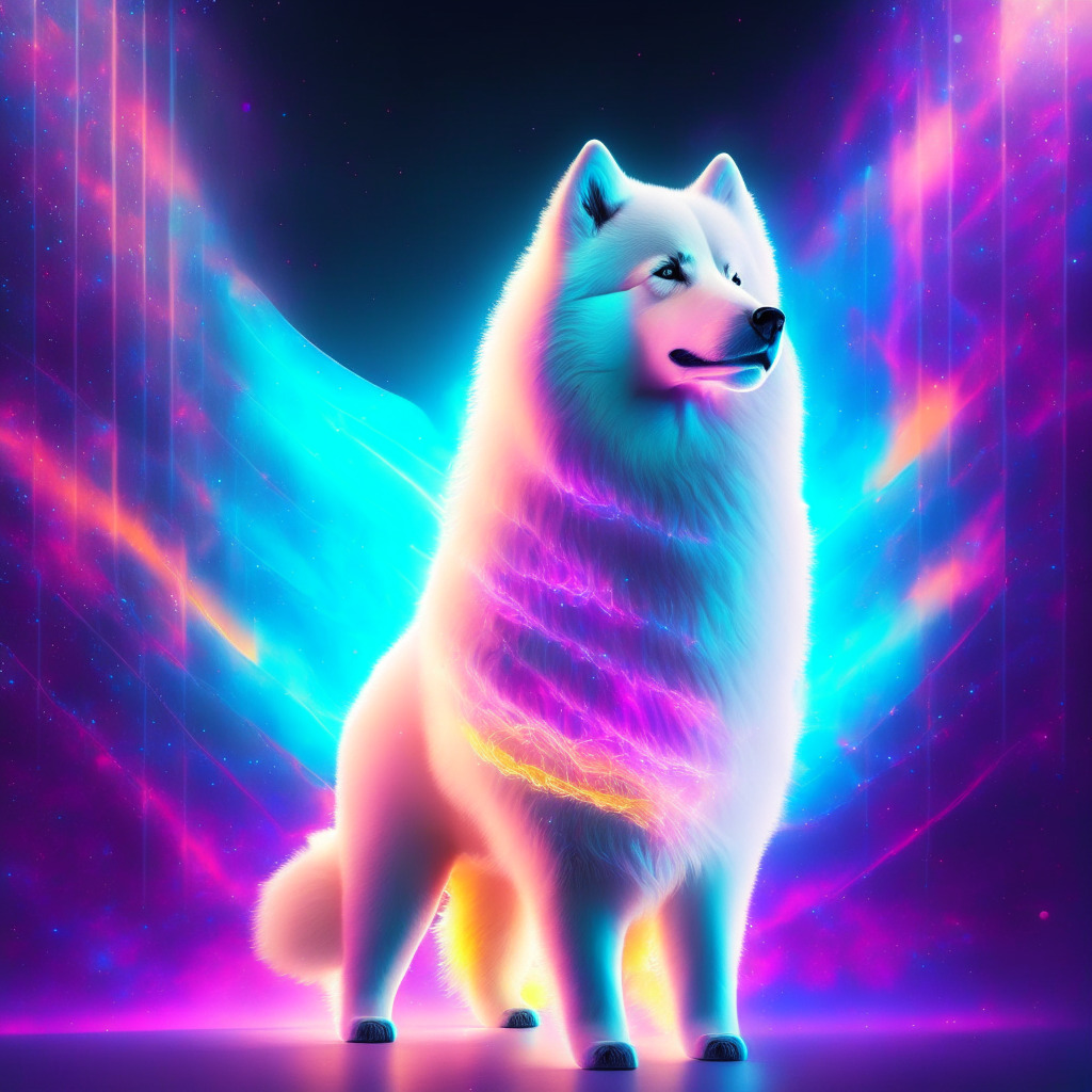 Majestic Samoyed dog in a futuristic scene, vibrant holographic colors, central Chinese TV spotlight, intense glowing light towards Samoyed NFT collection: 5,525 unique designs, skyrocketing price chart backdrop, bright optimistic atmosphere, contrasting shadows of skepticism, artistic meme generator with AI touch, no brand presence.