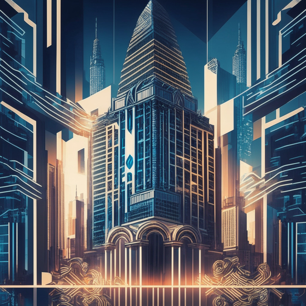 Intricate cityscape reflecting FinTech collaboration, central bank building with the South Korean flag, stylized Samsung storefront, abstract representations of cryptocurrencies, warm and dynamic lighting, combination of futuristic and traditional artistic styles, overall optimistic and innovative mood.