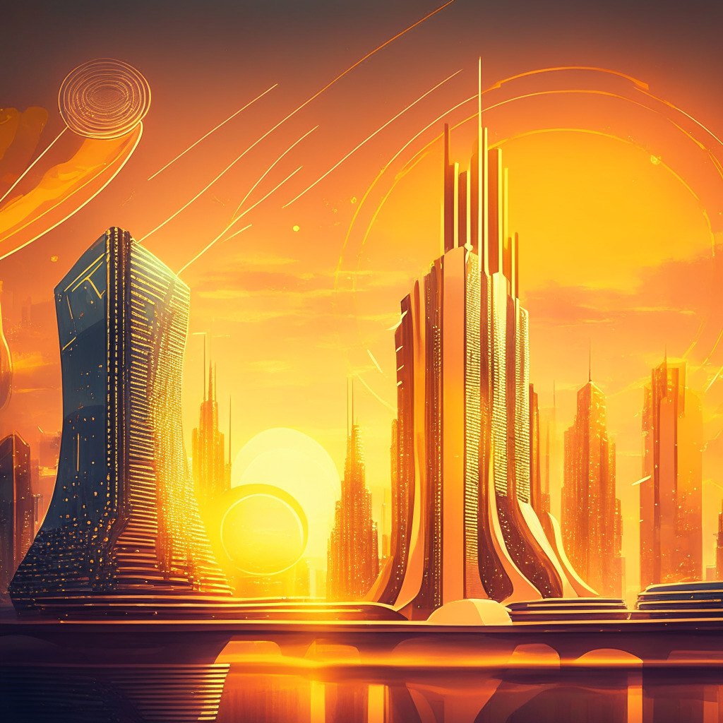 Futuristic city with Samsung building, Central Bank design, abstract currency symbols, offline payment concept, near-field communication waves, device-to-device transfers illustrated, warm golden light, tranquil sunset setting, harmonious collaboration mood, advanced security, Galaxy smartphones & watches.