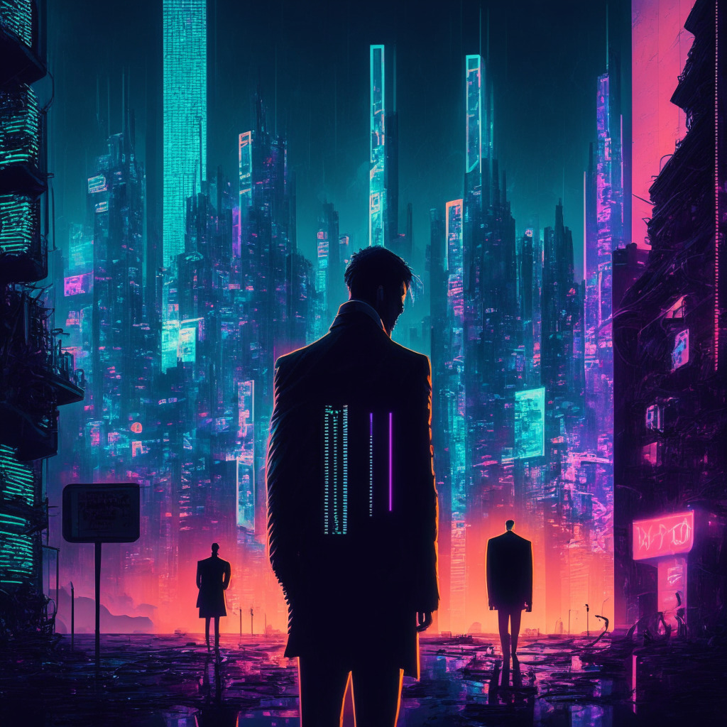 Intricate cityscape at dusk, cyberpunk aesthetics, contrast of neon lights & shadows, tense mood, various cryptocurrency symbols subtly integrated, prominent Ethereum wallet being closed by a faceless figure in a suit, blurred characters in the background representing illicit activities and sanctioned individuals.