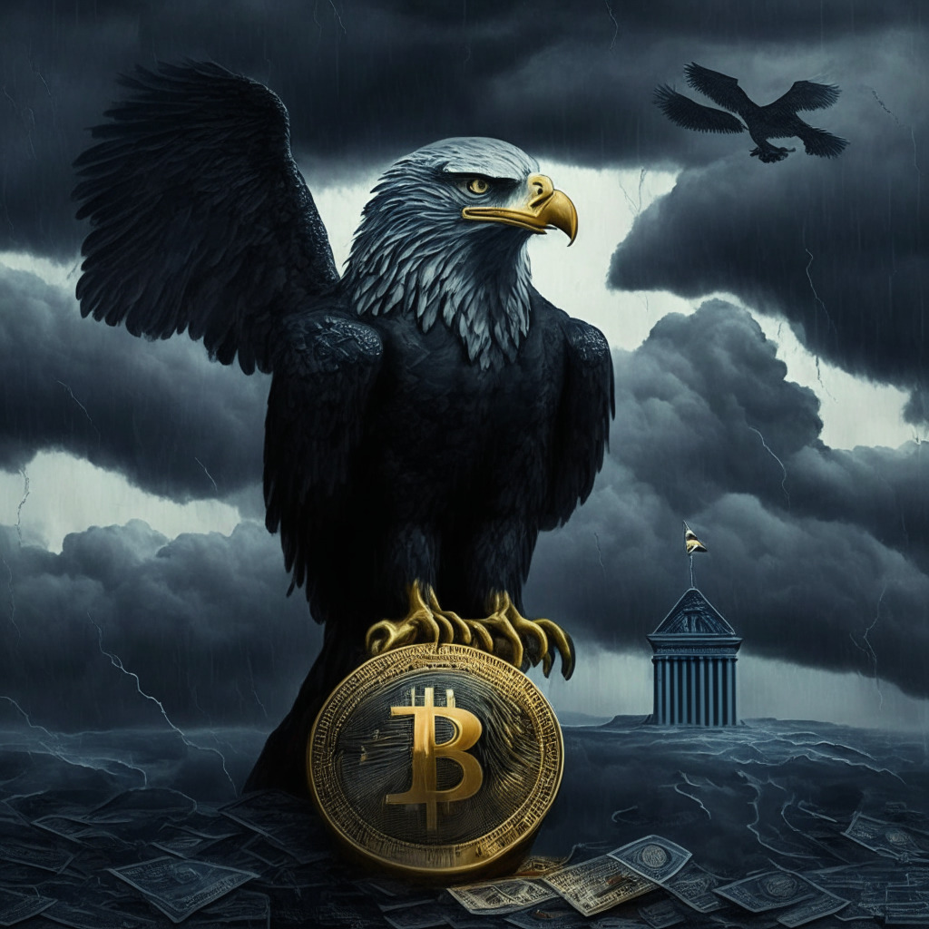 Gloomy geopolitical scene, cryptocurrency exchange under scrutiny, Russian sanctions on US investigator, tense relationship between nations, dark clouds loom over financial landscape, a watchful eagle representing vigilant investors, contrasting shades symbolizing opposing viewpoints, delicate balance between technology and politics.