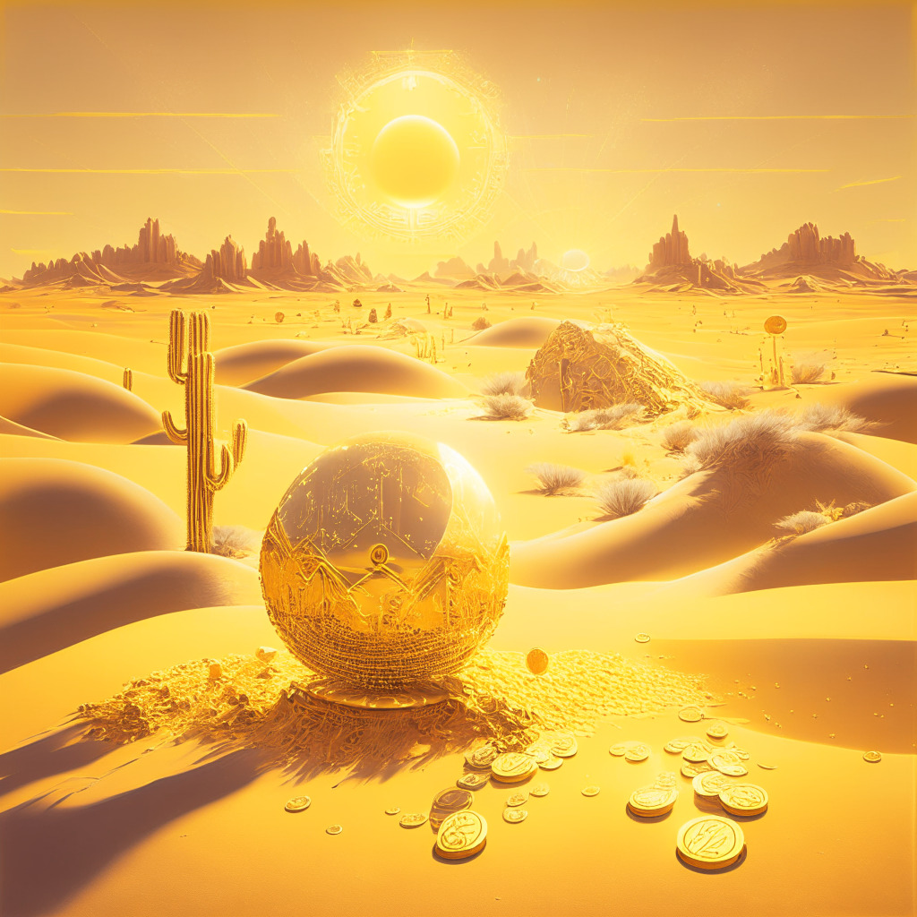 A golden desert landscape with an AI crystal ball in the foreground, cryptocurrency coins and tokens scattered around, NFT artwork on a digital canvas, sun's warm ray casting a soft glow, 85% rise percentage symbol visible, futuristic trading signals platform in the distance, subtle baroque artistic style, whimsical yet analytical mood.
