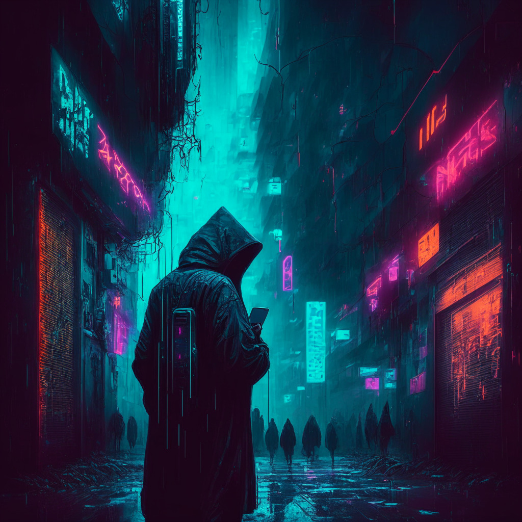 Gloomy digital city, neon lit, people cautiously using smartphone wallets, mysterious hooded figure lurking, crypto-inspired graffiti, surreal colors, low-light scenario, tense atmosphere, maze-like street layout, futuristic cyberpunk aesthetic, cautionary message displayed.