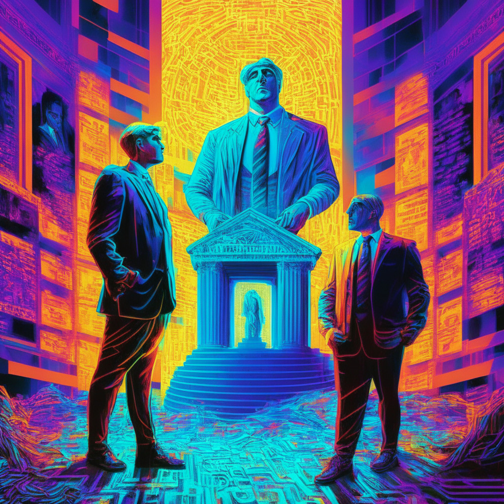 Intricate blockchain scene, contrasting chiaroscuro lighting, relief-style figures, Reps. Tom Emmer & Darren Soto presenting Securities Clarity Act, an abstract representation of the Howey Test, vivid colors symbolizing the impact on the crypto industry, tense yet hopeful mood.