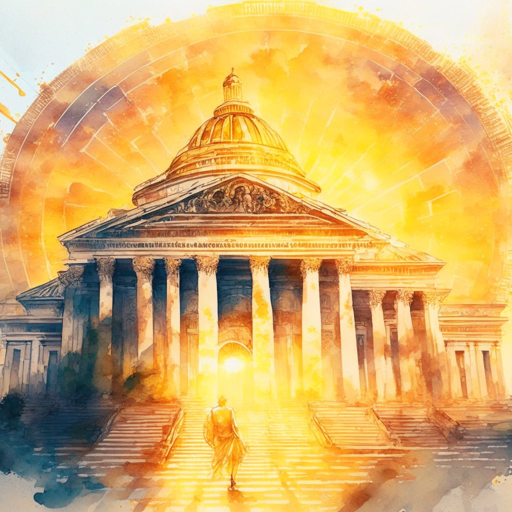 Intricate government building, golden scale balancing crypto coin & traditional coin, sunrise in background, watercolor style, soft light, uplifting mood, hope, and progression. Innovation meets regulation, creating path to compliance, collaboration, and clarity in crypto's future.