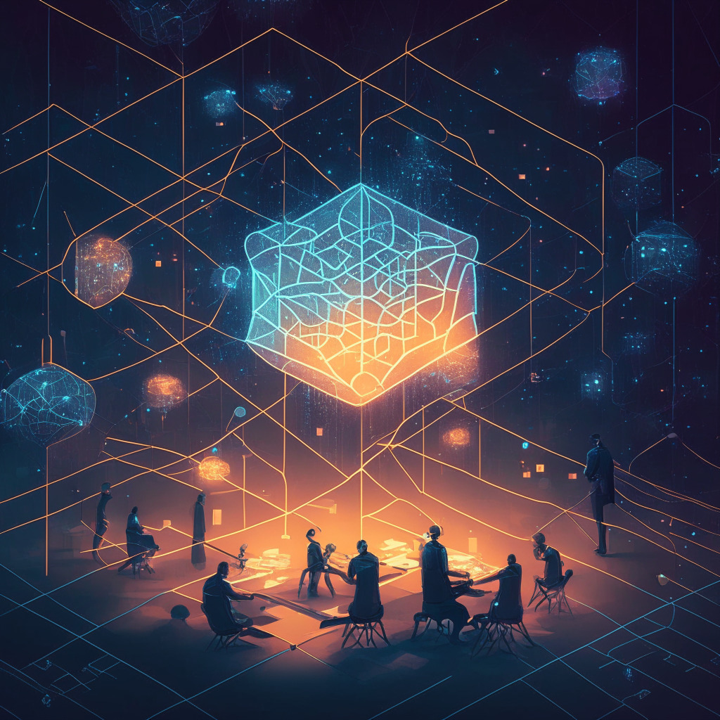 Intricate blockchain scene, self-executing DAO proposals, balance of autonomy and security, warm soft lighting, complex network connections, centralized and decentralized elements, ethereal evening mood, futuristic art style, tension between stakeholders and delegates.