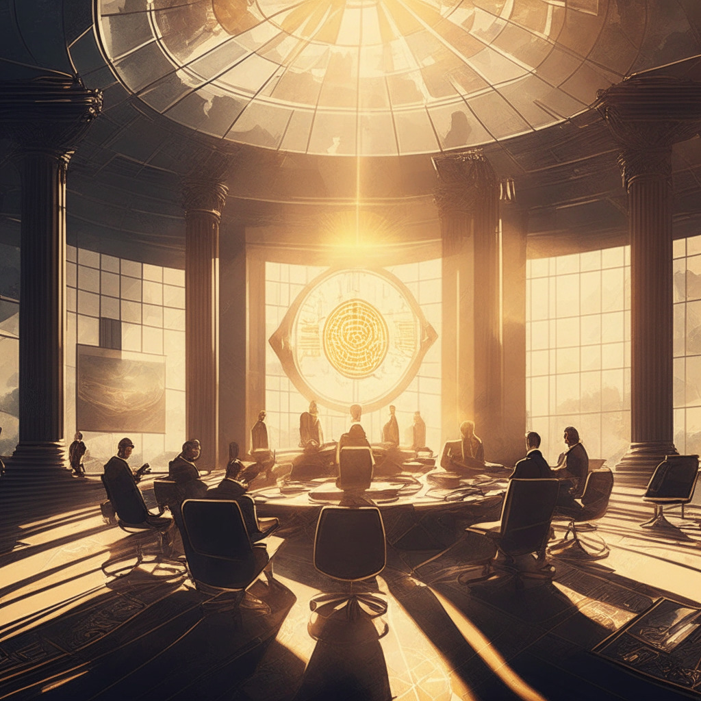 Intricate Capitol scene, lawmakers in discussion, contrasting futuristic crypto symbols, balance scale with investor protection & innovation, warm sunlight illuminating, blend of classic & modern artistic style, hopeful & forward-looking atmosphere, subtle nods to decentralized finance.