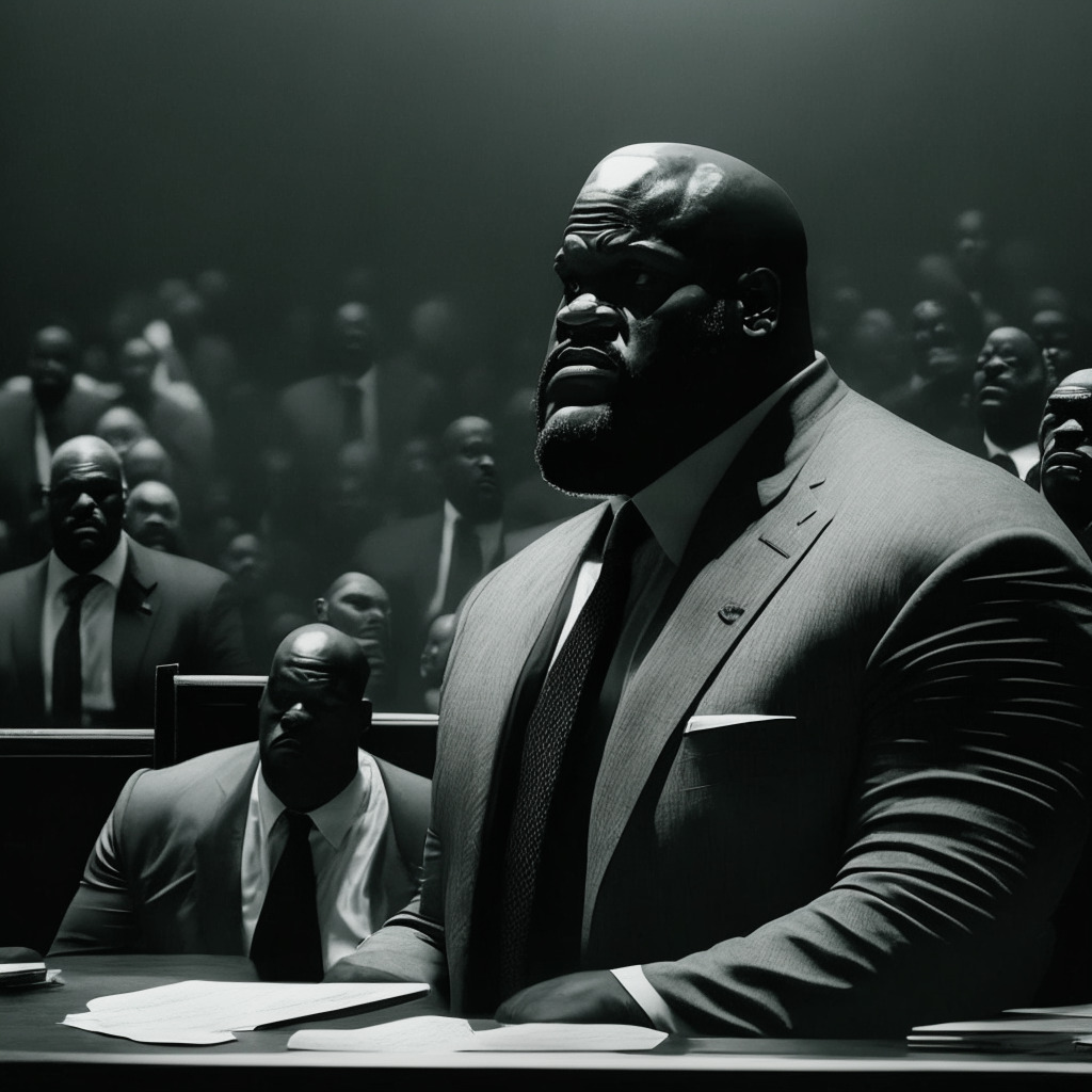 Shaquille O'Neal served legal papers, FTX bankruptcy & Astrals NFT project, moody courtroom scene, noir lighting, intense facial expressions, distressed investors, contrast between success & downfall, subtle hints of cryptocurrency & NFT elements, representing celebrity responsibility debate.
