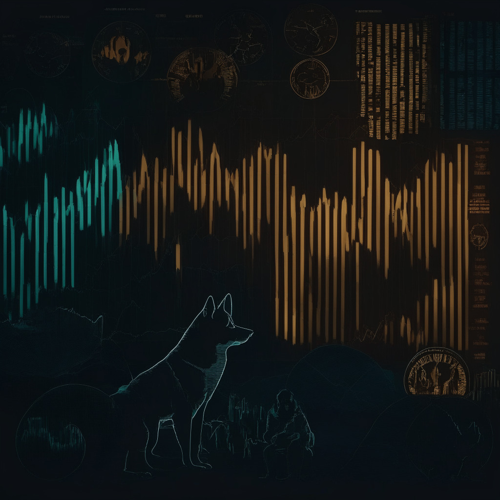 Cryptocurrency market scene, sideways trend, somber lighting, bearish breakdown, resistance levels, anxiety in traders' faces, potential risks, dark color palette, uncertain mood, abstract style, Shiba Inu coin at the center, fluctuating price chart, daily timeframe chart, shadows of technical indicators.