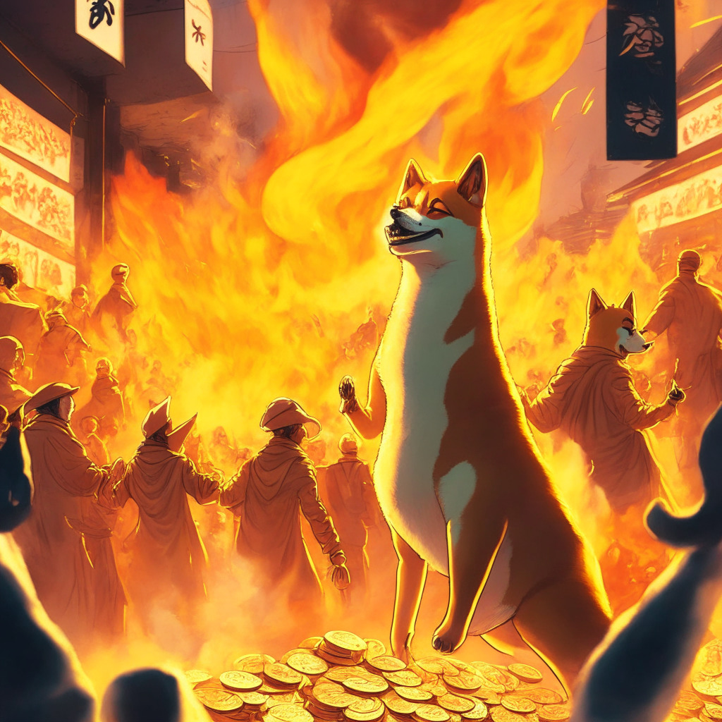 Vibrant, bustling meme coin market, Shiba Inu tokens aflame amidst soaring burn rate, fiery golden hues and smoky shadows, elements of PEPE coin and diverse meme coins animating the scene, dynamic artistic style conveying market excitement, soft light capturing the mood of uncertainty, hint of Shibarium mainnet launch on the horizon.