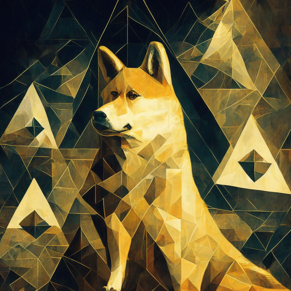 Intricate crypto scene, symmetrical triangle pattern, bearish breakdown, 1.7% intraday drop in Shiba Inu price, 10% potential decline, resistance & support levels, low volatility, gloomy mood, subdued light setting, impressionist art style