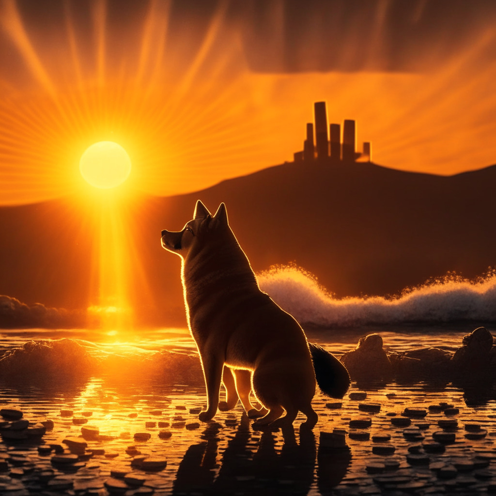 Dramatic crypto market scene, sunset lighting, Shiba Inu coin as focal point, intense chiaroscuro, contrast between stagnant coin & surging market, hovering price range, hint of optimism, subtle consolidation hint, tension between bullish & bearish forces, anticipation of potential breakout.