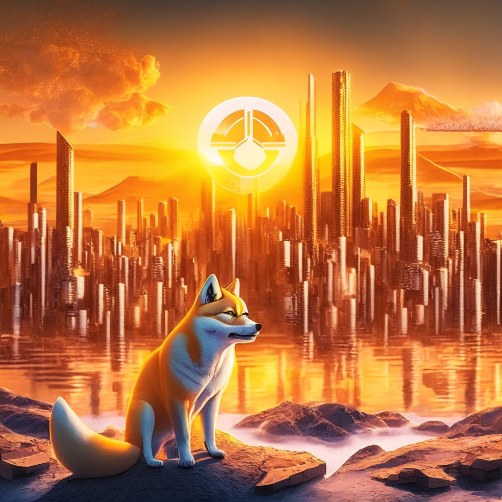 Cryptocurrency landscape, Shiba Inu coin gleaming, AAA rating restored, Shibarium layer-2 blockchain looming, metaverse expansion, sunset casting warm light, harmonious blend of colors, sense of stability and optimism, bustling activity in digital city, futuristic architecture, majestic ShibaSwap 2.0, BONE gas token ascending.
