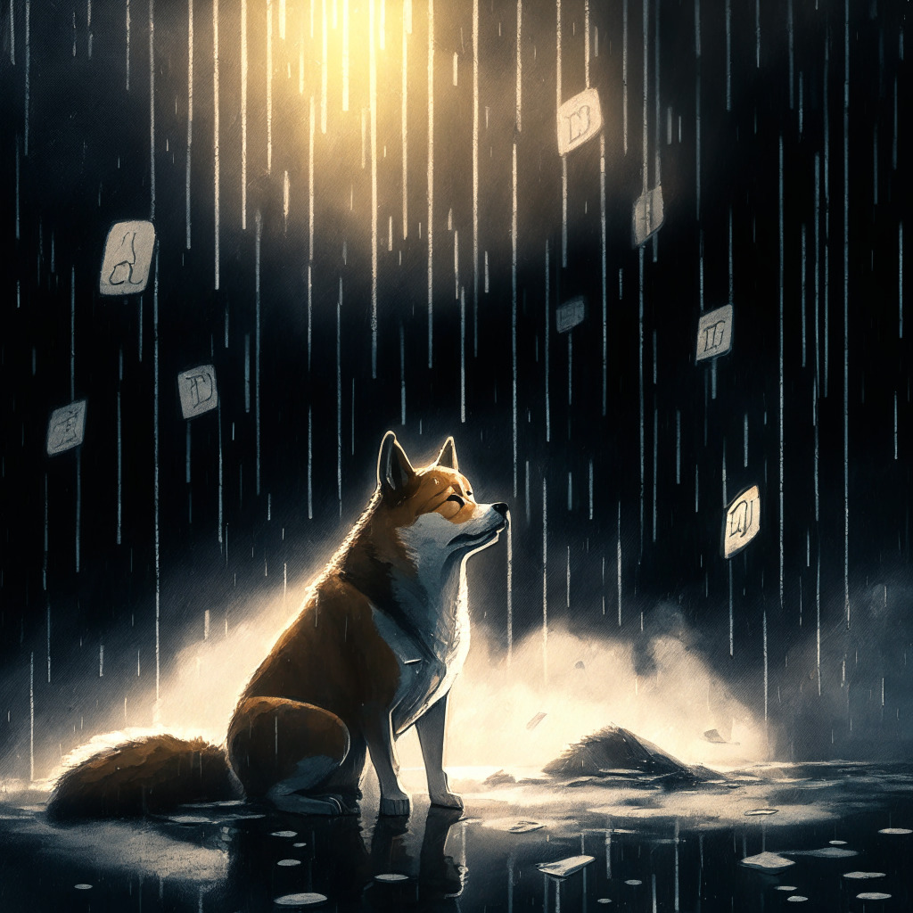 Gloomy crypto market scene, Shiba Inu & No Meme Token decline, bearish sentiment, cascading losses, somber mood, fading fortunes, shattered dreams, intertwined with uncertain future, subtle low-light, chiaroscuro style, rays of hope from potential surge, cautious investors with a sprinkle of optimism, artistic representation of risk and reward.