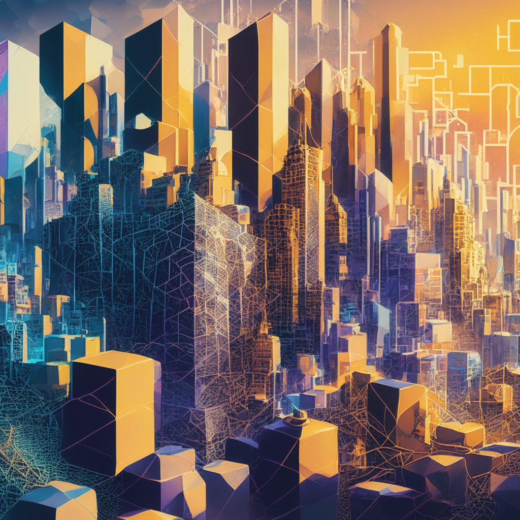 Intricate blockchain cityscape, Shibarium-inspired elements, Ethereum network, subtle bearish undertones, vibrant color palette, modern artistic style, contrasting shadows, dusk setting, hopeful-yet-cautious mood, SHIB token's fluctuating value, layer-2 scaling solution, metaverse reference, risk/reward opportunities, 2023-2024 milestones.